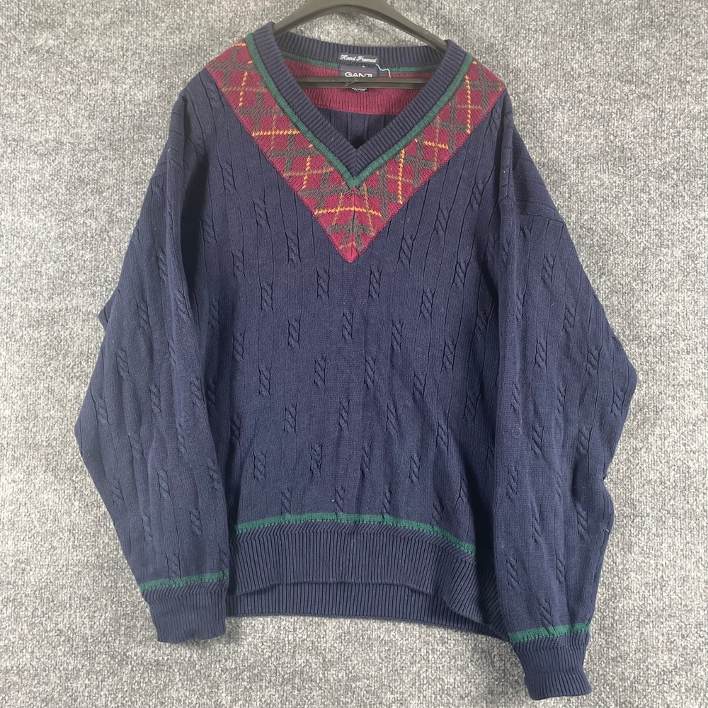VTG Gant Sweater Mens XL Blue Hand Framed Cable Knit Retro Argyle 90s Preppy